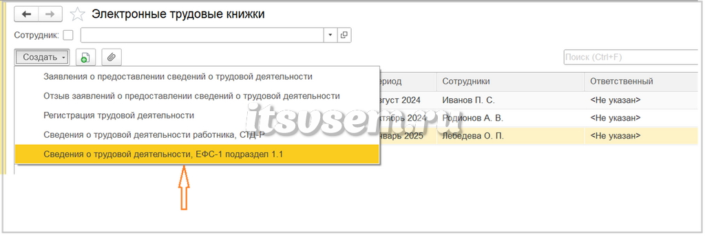 Сведения о трудовом стаже в ЕФС-1 (подраздел 1.1)