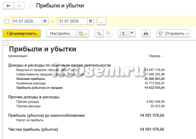 Отчет по прибыли и убыткам в 1С:УНФ